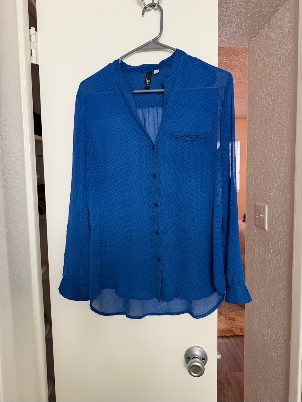 Kut from the Kloth Royal Blue Semi-Sheer Button-Down Blouse